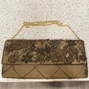 Like New - Olive Green Floral Beaded Clutch with Gold Chain Strap